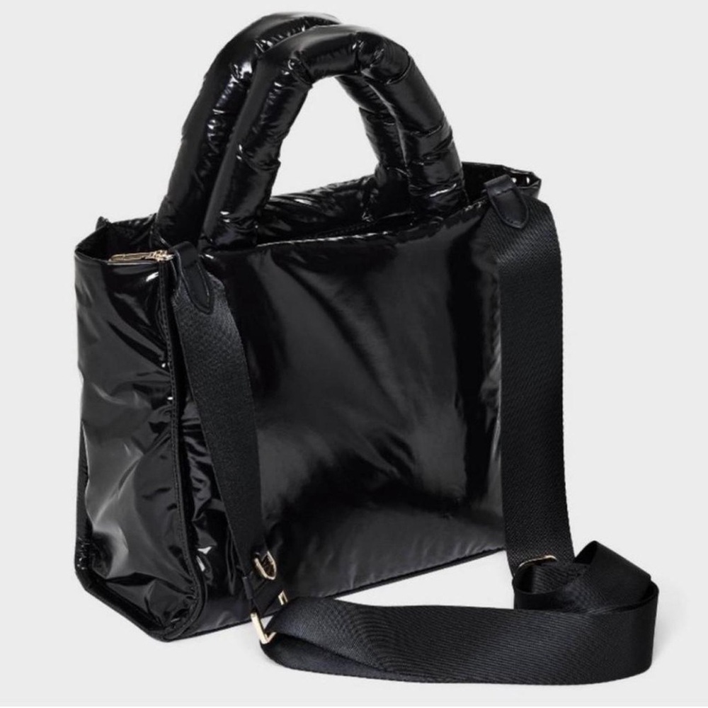 A New Day Black Patent Leather Puffer Midi Boxy Satchel Handbag - Picture 3 of 4